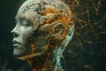 Poster - 3d render of a cracked artificial intelligence with visible connections and circuits