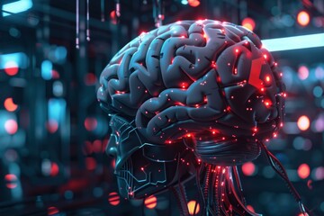 Poster - Artificial intelligence brain glowing inside computer server room, concept of machine learning