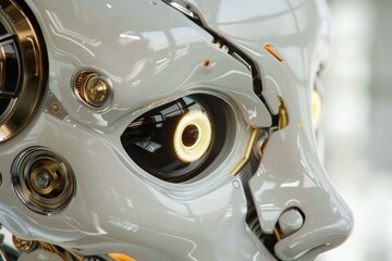 Poster - White and gold cyborg with glowing eyes is looking off into the distance