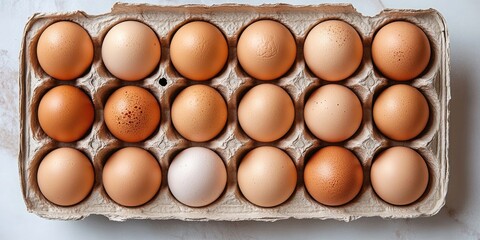 Poster - Farm fresh eggs in an open carton. Top view.