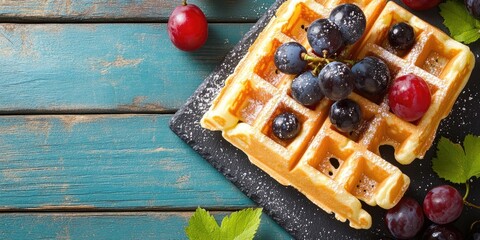 Poster - Breakfast image featuring homemade waffles and grapes.