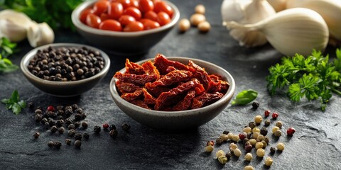 Poster - Collection of raw ingredients for Italian cuisine on a stone table backdrop. Black pepper, sun-dried tomatoes, green dried herbs, and beans. Assortment of healthy food items. Closeup.