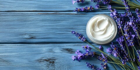 Poster - cosmetic creams and lavender blooms on a blue wooden surface