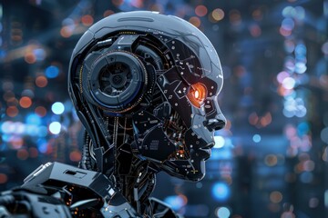 Poster - Very detailed futuristic robot looking to the right of the frame with glowing city lights out of focus in the background