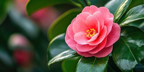 Poster - A close-up of a fresh, beautiful pink flower with green leaves. The image conveys themes of Valentine's, gifts, freshness, health, and natural organic elements with copy space.
