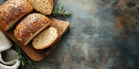 Poster - Flax seed bread from the bakery, a healthy meal or snack on the table, with copy space and a rustic food background.