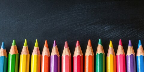 Poster - Group of Objects Close Up Concept Back to School Colorful Pencils Notebook Black Chalkboard Background Behind. Design Copyspace Educational Supplies