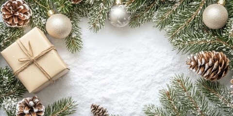 Poster - Christmas frame featuring a gift, tree branches, and wooden ornaments on a snowy backdrop. A straightforward Christmas arrangement with copyspace.