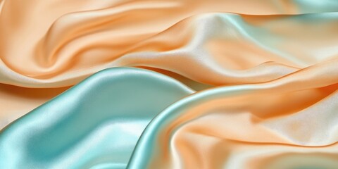 Fototapete - Woven texture of silk fabric or yarn in a changeable turquoise beige color for a background. Frayed edge. Draped, folded satin. Copyspace for advertising.