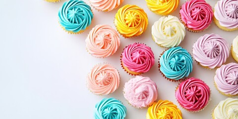 Poster - Vibrant spring cupcakes on a horizontal white backdrop with copy space.
