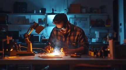Poster - A skilled technician works on intricate designs in a dimly lit workshop, illuminating the space with sparks during a late-night project