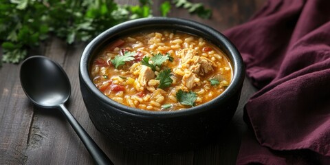 Poster - Puerto Rican Chicken Rice Soup in a black stoneware bowl on a dark wooden table, accompanied by a black metal spoon and a maroon cloth napkin.