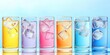 © HN Works - Glasses of fresh water and ice cubes on a colorful background.