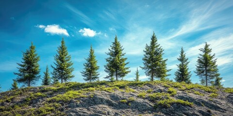 Poster - Short pine trees are arranged along the top of the mountain, set against a blue sky backdrop.
