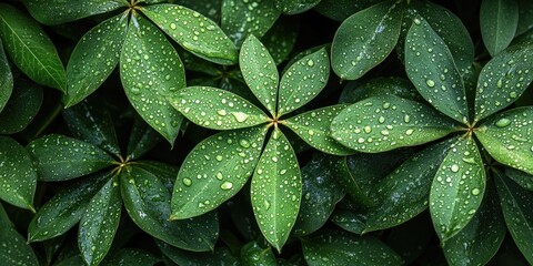 Poster - Background of cassava leaves covered in dew drops.