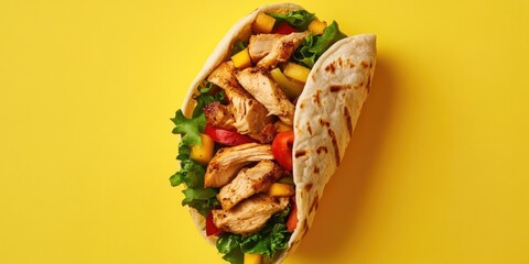Poster - Doner roll shawarma featuring chicken and vegetables on a yellow background.