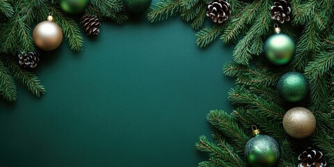 Poster - Christmas backdrop featuring a fir tree and ornaments. Top view with copyspace.