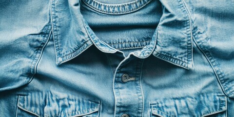 Poster - Close-up shot of a light blue denim shirt, featuring fabric texture in the background with copy space, arranged in a flat lay.
