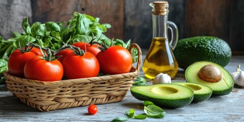 Poster - Tomatoes, cucumbers, and avocado on the table and in a basket, along with olive oil, balsamic vinegar, garlic, vegetables, vegetarianism, and healthy eating.
