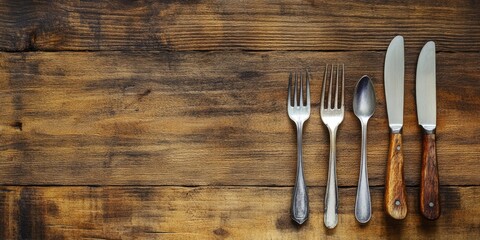 Poster - Flat lay featuring cutlery with copy space on a wooden texture, representing restaurant and food recipe concepts.
