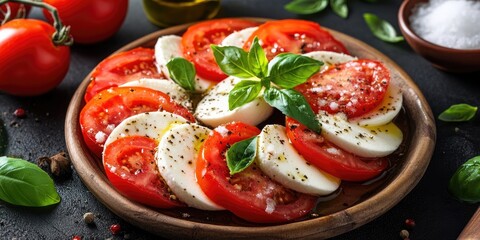 Poster - Homemade Italian caprese salad featuring sliced tomatoes, mozzarella cheese, basil, olive oil, and salt.