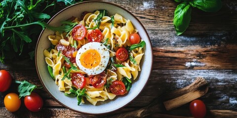 Poster - Pasta salad, bowl, green, egg, dish.