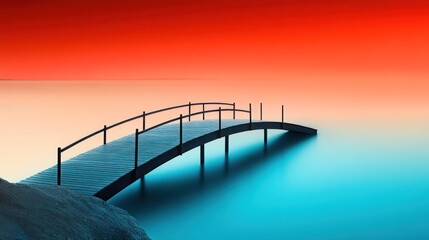 A wooden bridge extends over calm blue water towards a vibrant red and orange sunset.