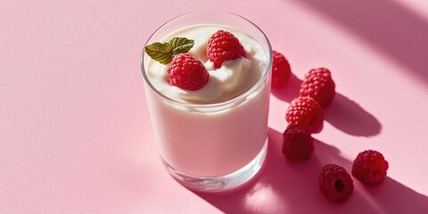 Poster - glass of yogurt, with red raspberries on a pink backdrop