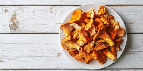 Poster - Fresh red chanterelle mushrooms presented on a white enameled plate atop a white wooden background.