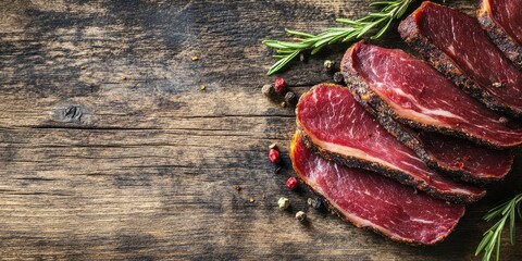 Poster - Slices of dried and smoked meat on a wooden table. Top view. Copy space.