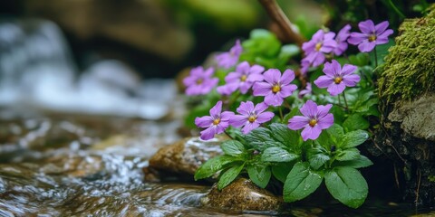 Poster - Lovely small purple flowers near the forest stream.