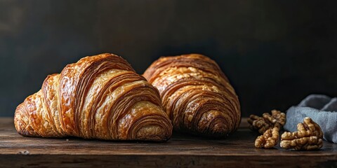 Poster - walnut croissant, homemade bakery, wooden table, dark background