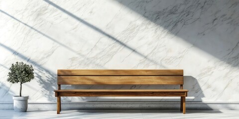 Poster - Wooden bench beside the white marble wall, copy space