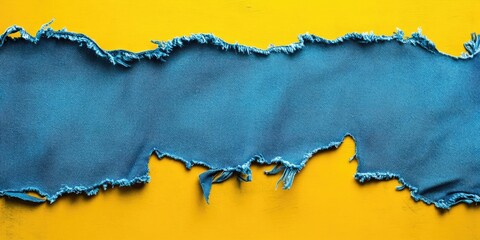Aufkleber - Ripped denim patches and destroyed, torn blue jeans on a yellow background. Ripped, destroyed, torn denim frame.