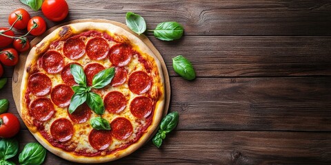 Aufkleber - Pepperoni pizza. Classic pepperoni pizza with cooking ingredients like tomatoes and basil on a wooden table background. Traditional Italian cuisine. Top view. Mock up.