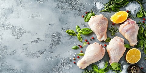 Fototapete - Raw chicken drumsticks with thighs, fresh herbs, and cooking ingredients. Gray background. Top view. Copy space.