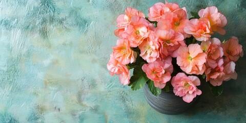 Poster - Begonia flowers rest in a cup on a textured background. Flat lay.