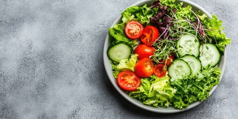 Poster - A fresh salad featuring fresh vegetables, ripe tomatoes, cucumber, lettuce, and microgreens in a bowl on a gray background. Healthy raw food idea. Space for text, copy space.