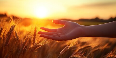 Aufkleber - A woman's hand reaching out to golden wheat in a wheat field during sunset.