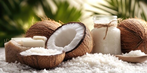 Poster - concept of spa and body treatments includes coconut oil, coconut milk, soaps, and bath salts.
