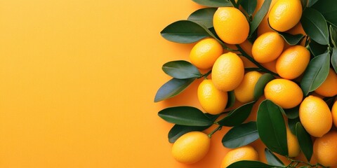 Poster - Fresh ripe kumquats with green leaves on an orange background, top view. Copyspace available.