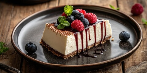Poster - Plate featuring delicious homemade cheesecake on a wooden table.