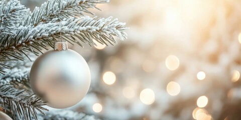 Aufkleber - White Christmas ornaments on fir branches with a blurred background.