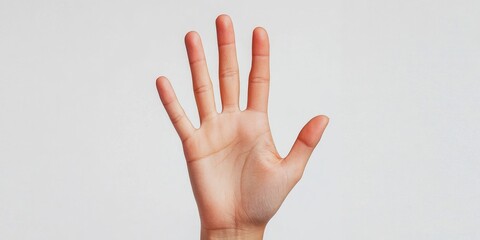 Woman's hand displaying five fingers, set against a white background.