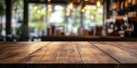 Wall Mural - Selected focus on an empty brown wooden table with a blurred coffee shop background featuring bokeh, suitable for your photomontage or product display.