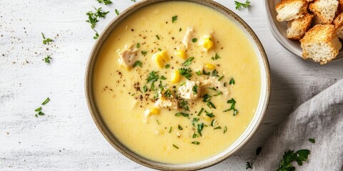 Aufkleber - Thick vegan cream soup. Homemade golden yellow cream soup featuring herbs and croutons. Cheese, chicken, bean, and corn cream soup served in a bowl on a white kitchen table with copy space.