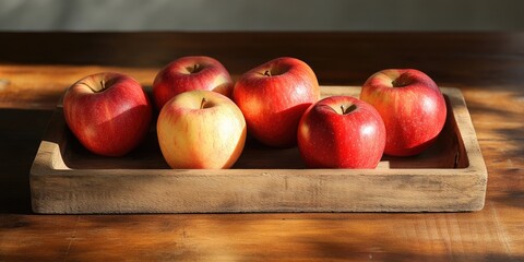 Poster - Red delicious apples and gala juicy apples on a wooden tray, healthy fruits for a good life.