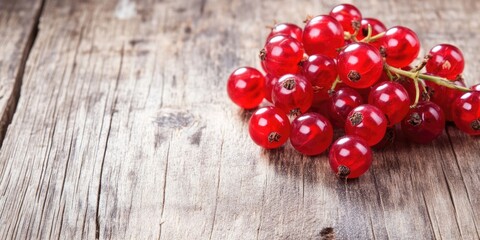 Aufkleber - Fresh red currants on a wooden table, close-up image with selective focus.
