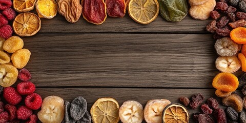 Aufkleber - Flat lay arrangement featuring various dried fruits on a wooden surface, with space for text. Healthy lifestyle.
