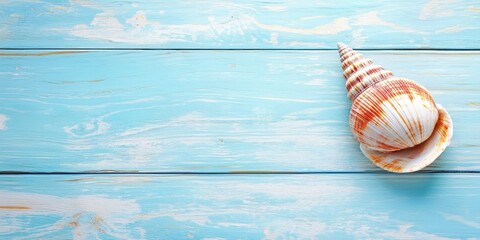 Fototapete - Top view of a sea shell on light blue wooden texture for a summer vacation background.